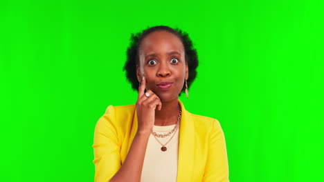 Face,-idea-and-excited-black-woman-on-green-screen