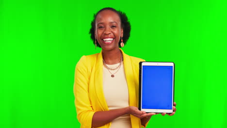 Woman,-tablet-and-green-screen-with-smile-on-face