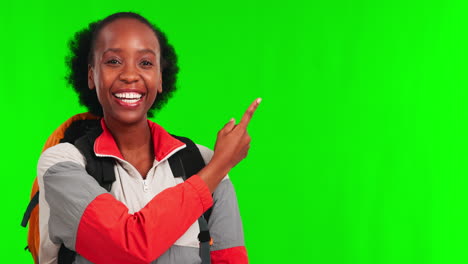 Green-screen,-black-woman-and-pointing-at-travel