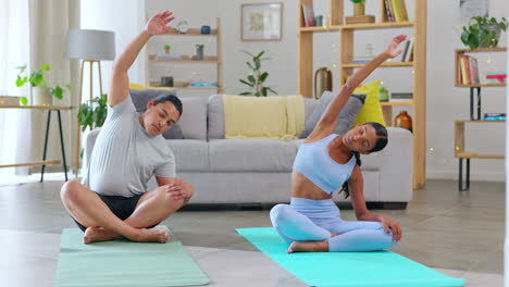 Couple,-yoga-and-stretching-in-home-for-fitness