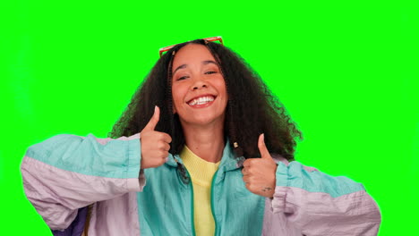 Thumbs-up,-happy-and-woman-face-in-green-screen