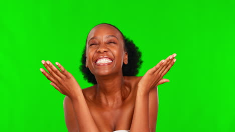 Green-screen-face,-beauty-and-black-woman-excited