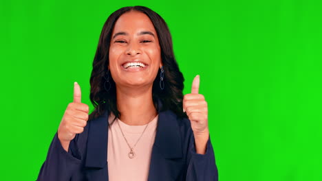 Thumbs-up,-face-and-happy-woman-in-green-screen