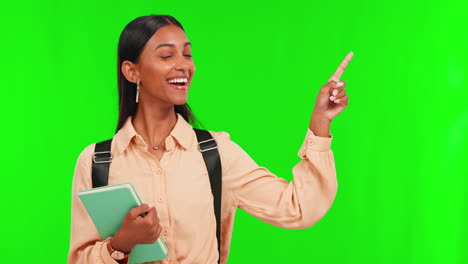 Green-screen,-happy-girl-or-student-pointing-to