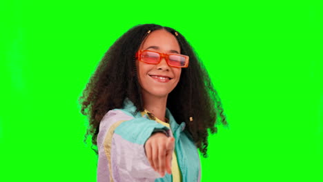 Girl,-face-and-pointing-at-you-by-green-screen