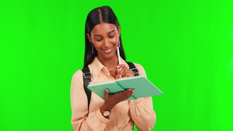 Pantalla-Verde,-Mujer-Y-Estudiante-Escribiendo