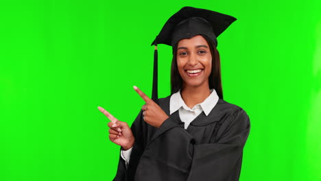 Happy-woman,-graduate-and-pointing-on-green-screen