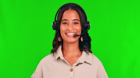 Green-screen,-face-and-woman-of-call-center