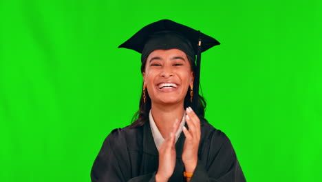Happy-woman,-student-and-applause-on-green-screen