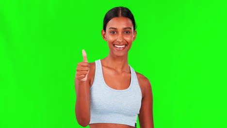 Happy-woman,-fitness-and-thumbs-up-on-green-screen