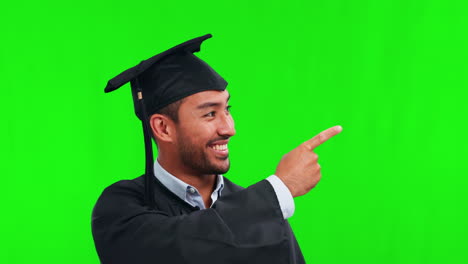 Face,-man-and-graduate-point-on-green-screen