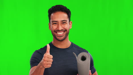 Asian-man,-yoga-and-thumbs-up-on-green-screen