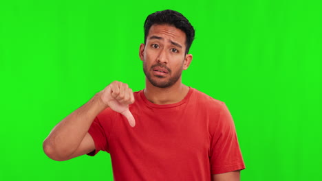 Green-screen,-thumbs-down-and-face-of-onfused