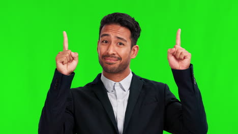 Pointing,-face-and-a-businessman-on-a-green-screen