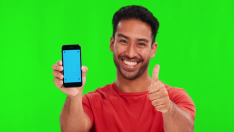 Man,-face-and-thumbs-up-with-phone