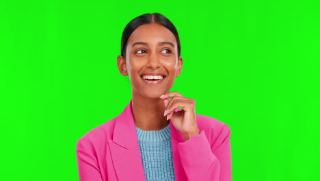 Happy-woman,-thinking-and-idea-on-green-screen