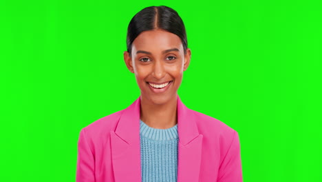 Lächeln,-Gesicht-Und-Indische-Frau-Im-Grünen-Bildschirm