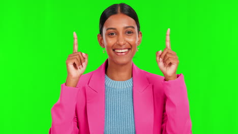 Happy-woman,-pointing-up-and-green-screen