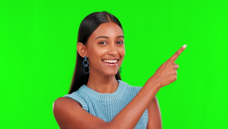 Green-screen,-pointing-and-face-of-indian-woman