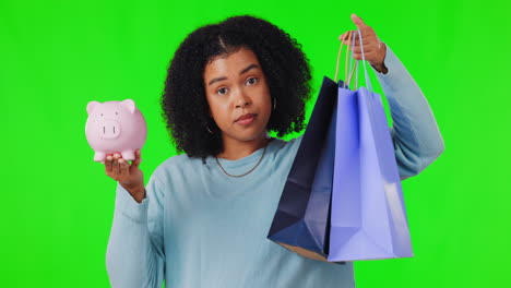 Green-screen,-choice-and-woman-face-with-shopping