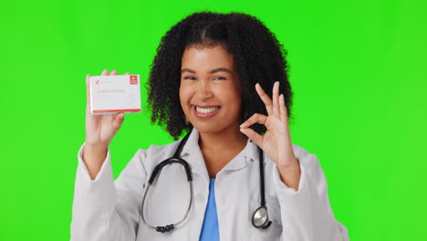 Okay,-green-screen-or-happy-woman-doctor