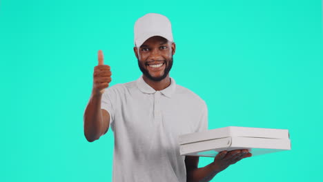 Schwarzer-Mann,-Pizza-Und-Daumen-Hoch-Auf-Dem-Modell