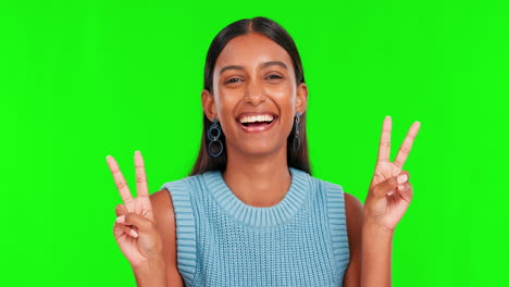 Hands,-peace-and-happy-woman-face-in-green-screen