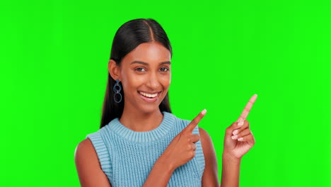 Green-screen,-woman-face-and-hand-pointing