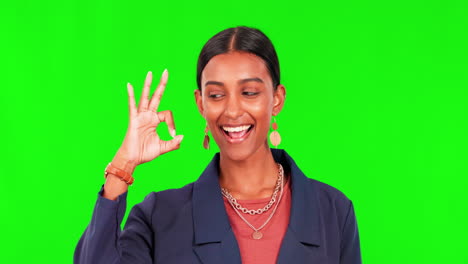 Okay-hands,-face-and-green-screen-of-happy-woman