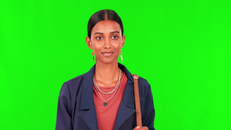 Walking,-time-check-and-a-woman-on-a-green-screen