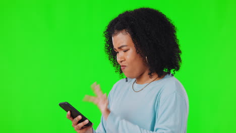 Woman,-smartphone-and-app-error-on-green-screen