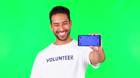 Green-screen,-happy-and-man-with-phone-mockup-to
