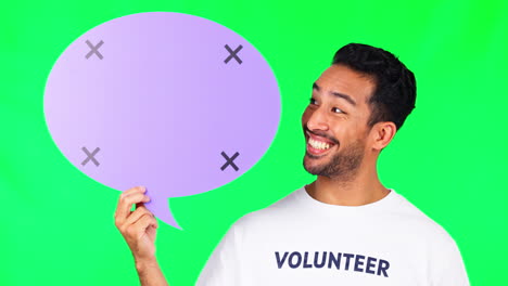 Asian-man,-speech-bubble-and-volunteer-on-green