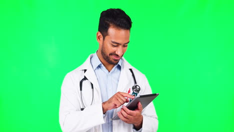 Thinking,-doctor-and-tablet-with-reading-in-green