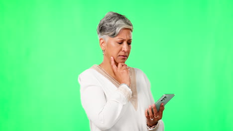 Phone,-confused-and-senior-woman-on-green-screen