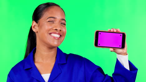 Phone-mockup,-smile-and-woman-on-green-screen
