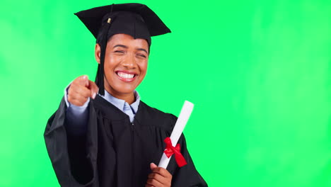 Woman-graduate,-face-and-green-screen-with-point