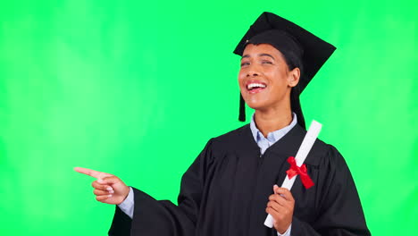 Woman-graduate,-face-and-green-screen-with-point
