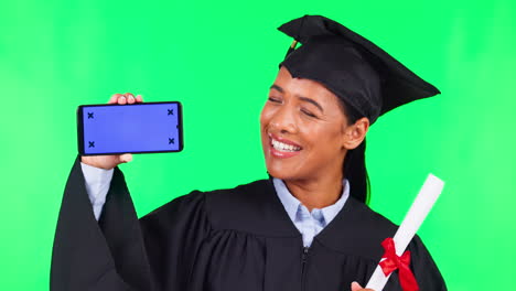 Woman-graduate,-phone-and-green-screen-with-smile