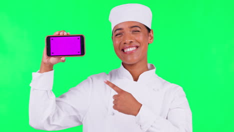 Chef,-phone-and-woman-pointing-on-green-screen