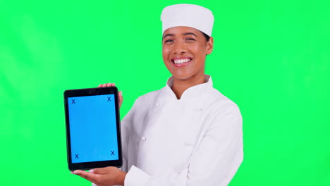 Presentación-De-Chef,-Tableta-Y-Mujer-En-Verde.