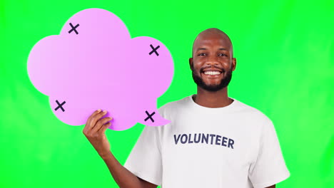 Speech-bubble,-pointing-and-a-black-man-volunteer