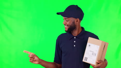 Happy-black-man,-box-and-pointing-on-green-screen