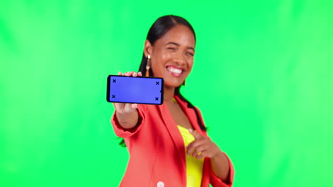 Business-phone,-woman-pointing-and-green-screen