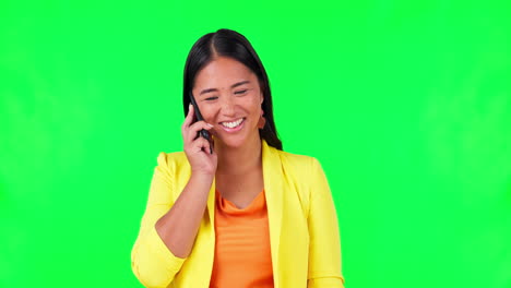 Pantalla-Verde,-Llamada-Telefónica-Y-Mujer-De-Negocios-Asiática
