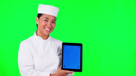 Tablet,-cooking-and-a-woman-chef-on-green-screen