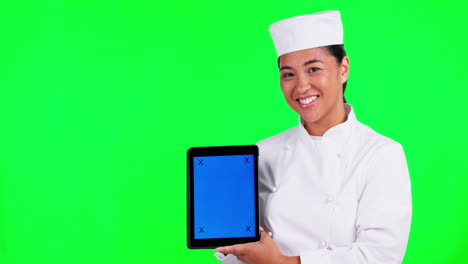 Tablet,-culinary-and-a-woman-chef-on-green-screen
