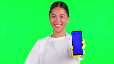 Mujer-Asiática,-Limpiadora-Y-Maqueta-De-Teléfono-En-Verde