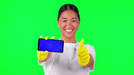 Asian-woman,-maid-and-phone-in-thumbs-up-on-green