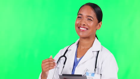 Woman,-doctor-and-calling-patient-on-green-screen